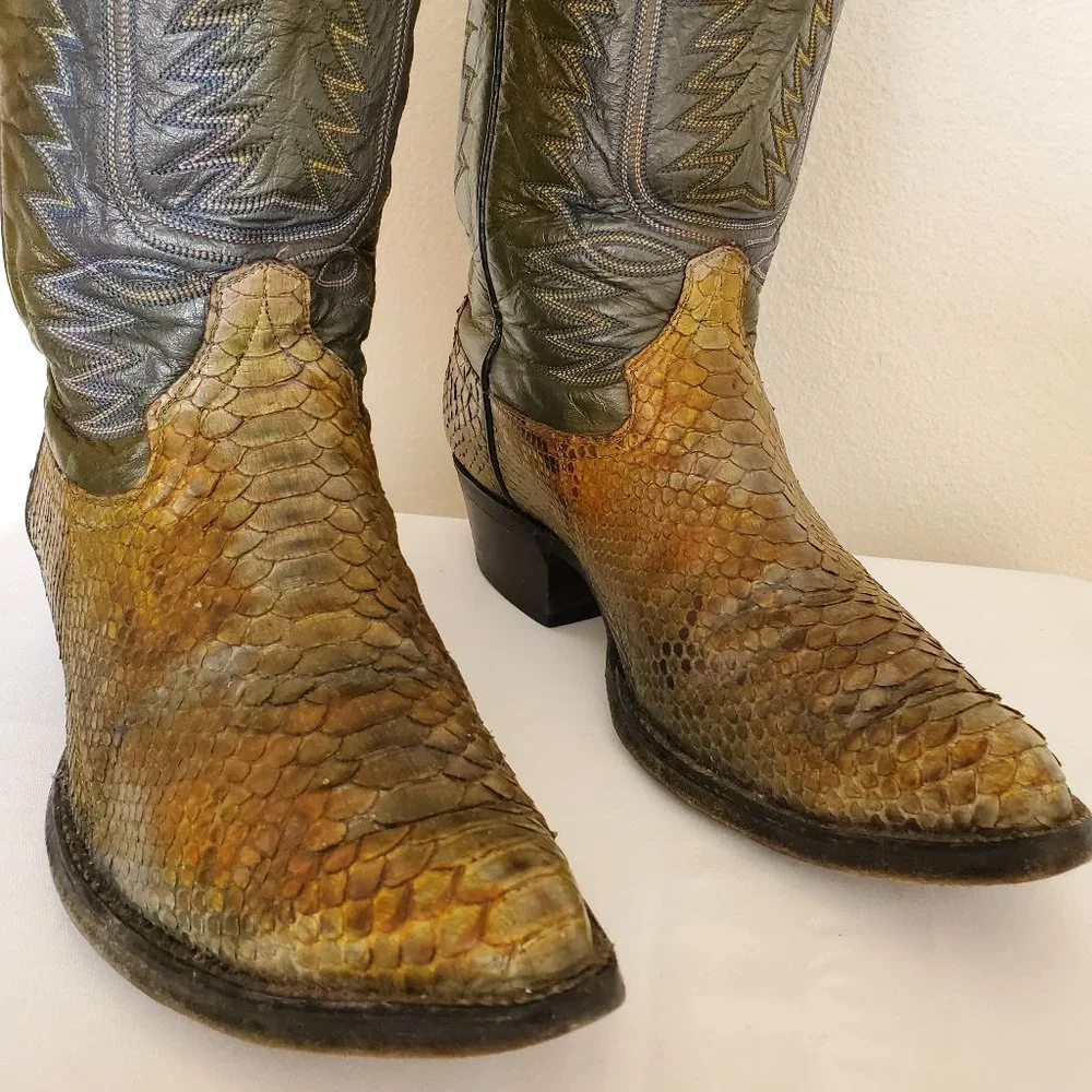 Rodeo 9 painted green brown tan black western cowboy boots python snakeskin dyed
